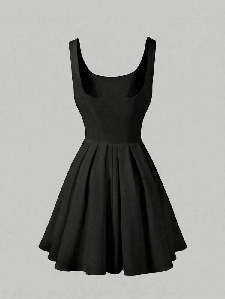 Cinched waist square neck spaghetti strap mini in black