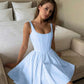 Cinched waist square neck spaghetti strap mini in blue