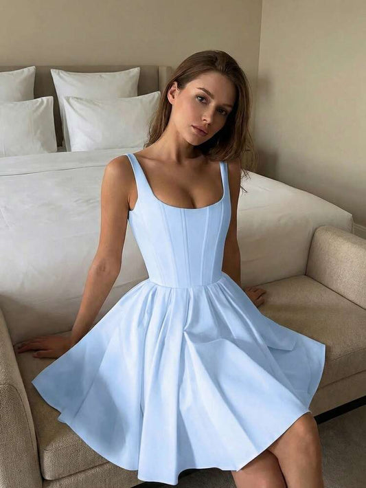 Cinched waist square neck spaghetti strap mini in blue