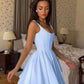 Cinched waist square neck spaghetti strap mini in blue