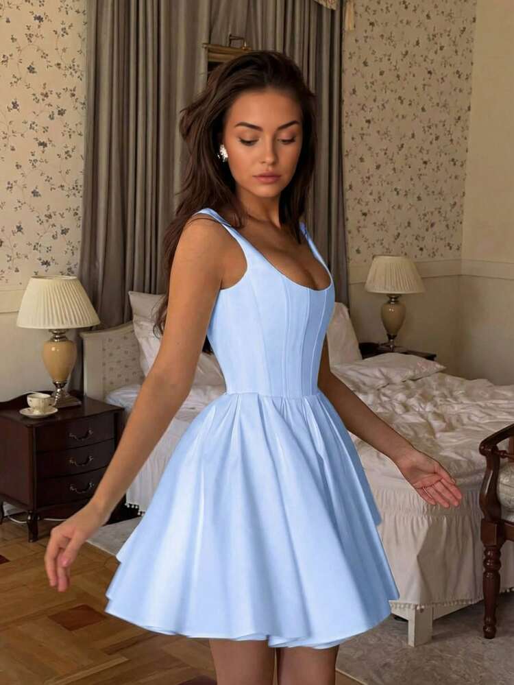 Cinched waist square neck spaghetti strap mini in blue
