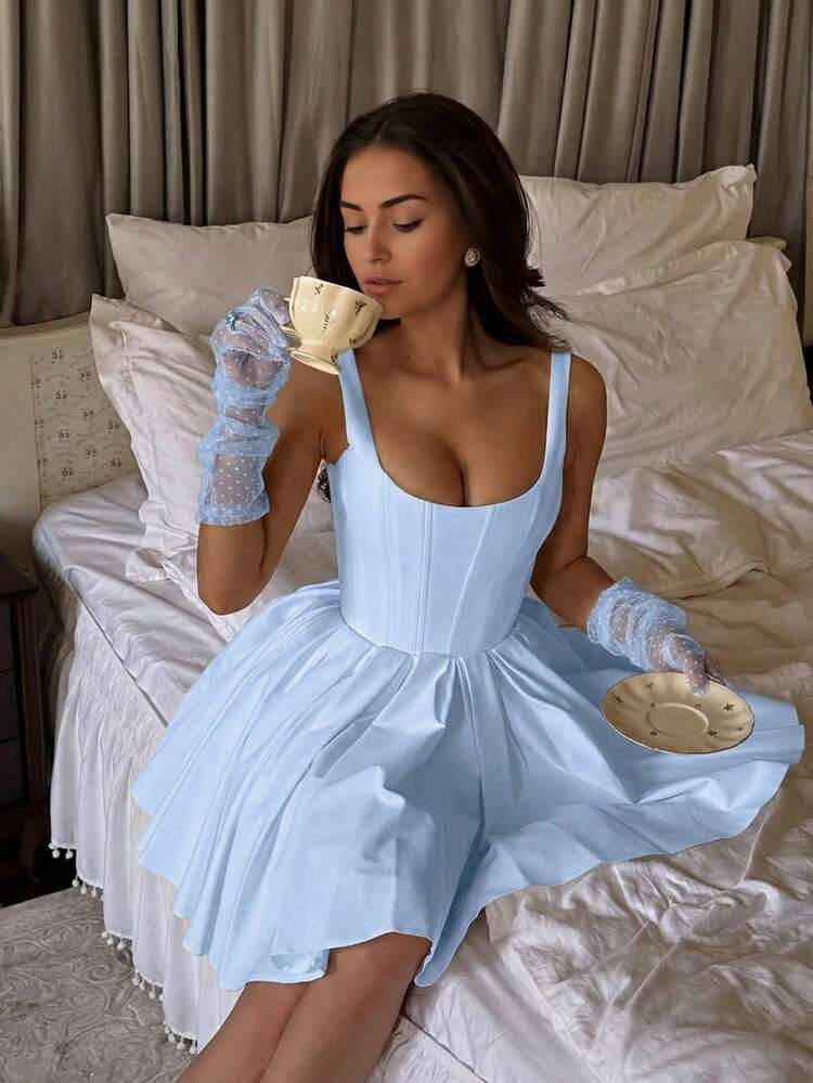 Cinched waist square neck spaghetti strap mini in blue