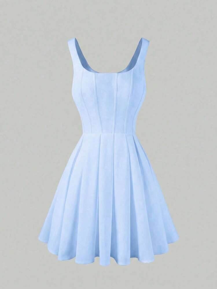 Cinched waist square neck spaghetti strap mini in blue