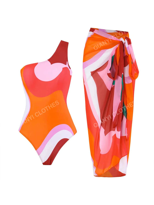 Colorblock one-piece swimsuit with chiffon cover-up in orange