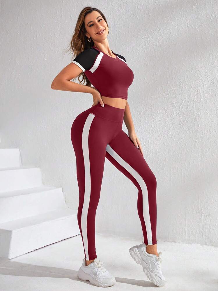 Colorblock raglan sleeve sport sets in burgundy