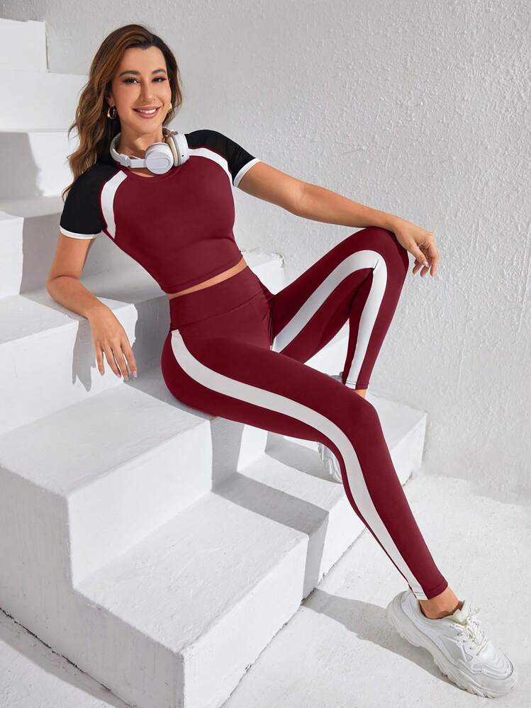 Colorblock raglan sleeve sport sets in burgundy