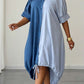 Color block short sleeve single breasted shirt dress in blue