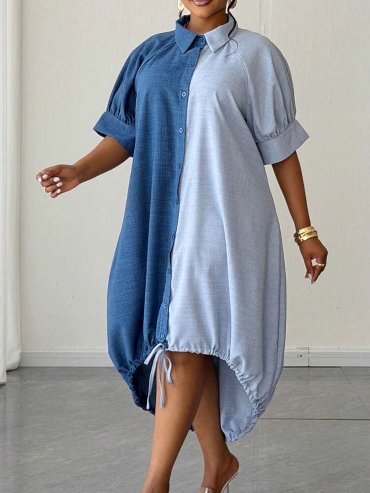 Color block short sleeve single breasted shirt dress in blue
