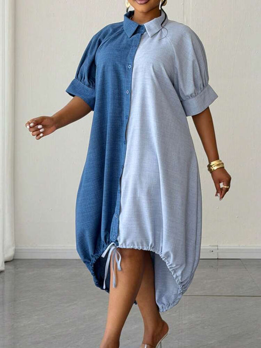 Color block short sleeve single breasted shirt dress in blue