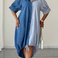 Color block short sleeve single breasted shirt dress in blue
