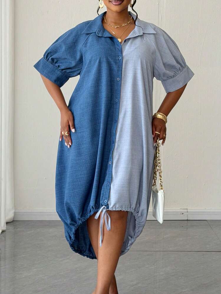 Color block short sleeve single breasted shirt dress in blue