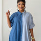 Color block short sleeve single breasted shirt dress in blue