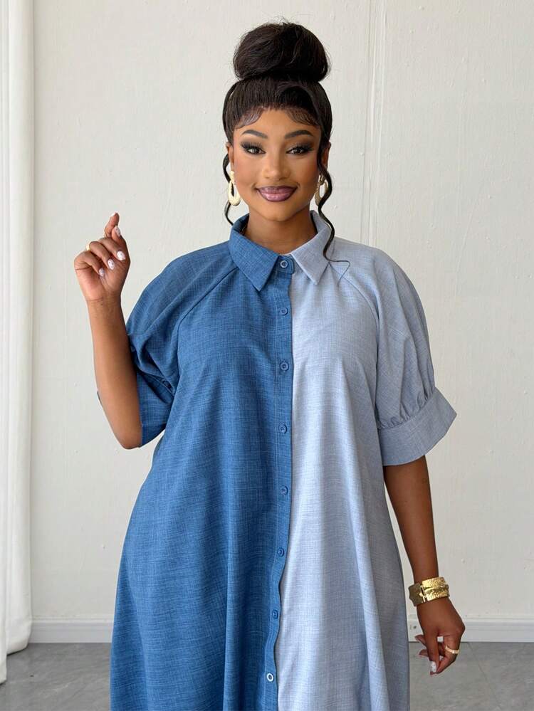 Color block short sleeve single breasted shirt dress in blue