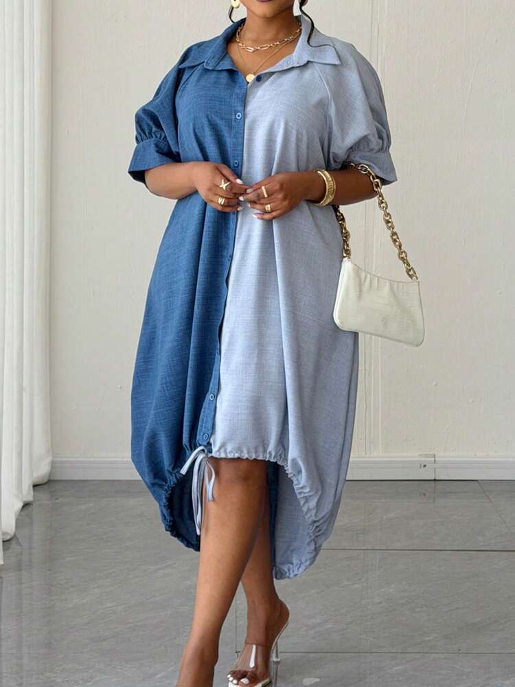 Color block short sleeve single breasted shirt dress in blue