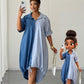 Color block short sleeve single breasted shirt dress in blue