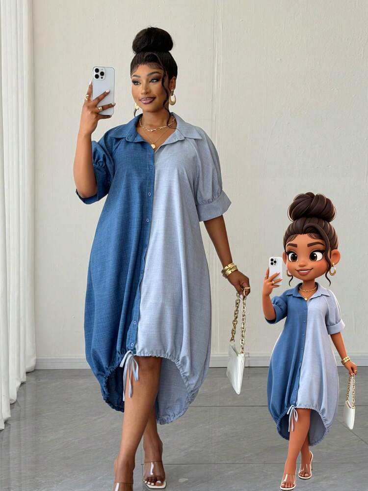 Color block short sleeve single breasted shirt dress in blue