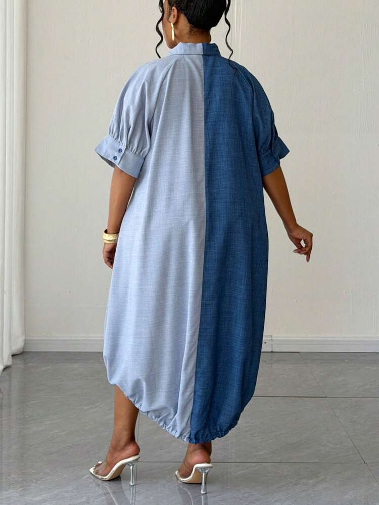 Color block short sleeve single breasted shirt dress in blue