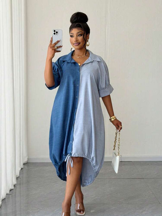 Color block short sleeve single breasted shirt dress in blue