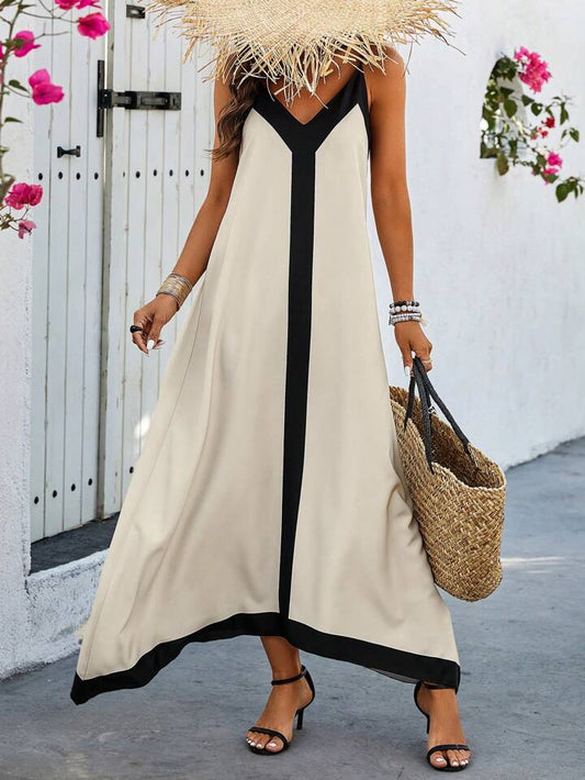 Color block sphagetti strap A-line dress in nude