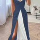 Colorblock sphaghetti strap midi dress in navy