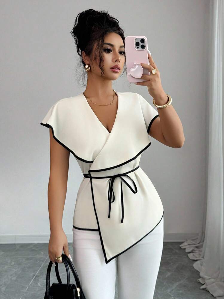 Contrast trim wrap blouse in nude