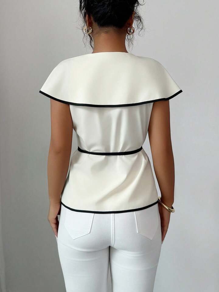 Contrast trim wrap blouse in nude