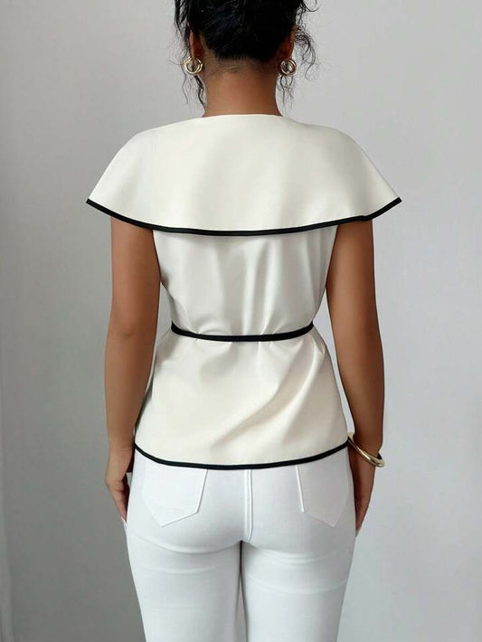 Contrast trim wrap blouse in nude