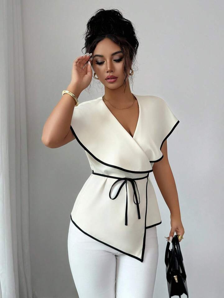 Contrast trim wrap blouse in nude