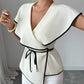 Contrast trim wrap blouse in nude