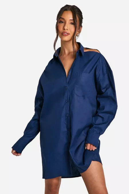 Cotton cut out shirt dress in blue