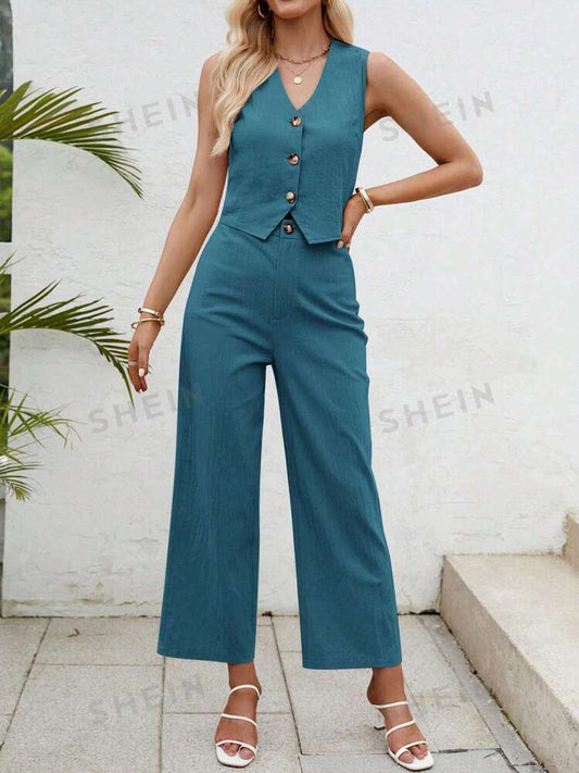 Cotton vest & long pant set in blue