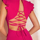 Deep v-neck tie cross back asymmetrical hem dress in pink