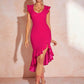 Deep v-neck tie cross back asymmetrical hem dress in pink