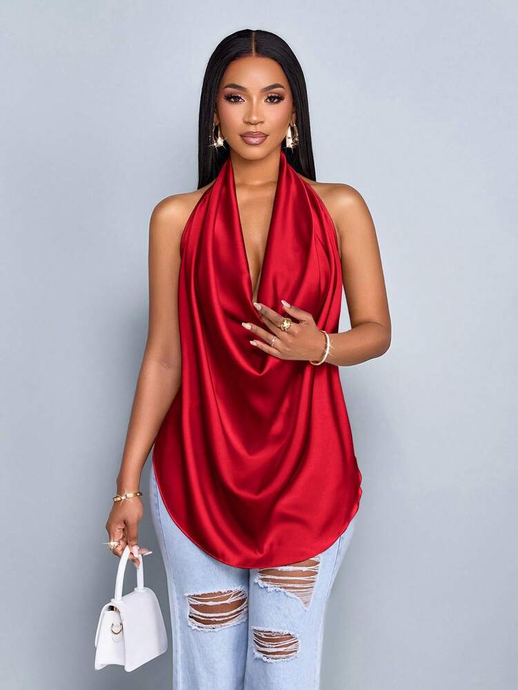 Deep v neck backless halter straps top in red