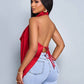 Deep v neck backless halter straps top in red