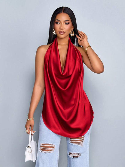 Deep v neck backless halter straps top in red