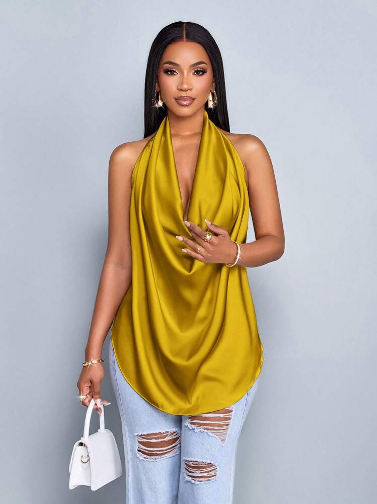 Deep v neck backless halter straps top in yellow
