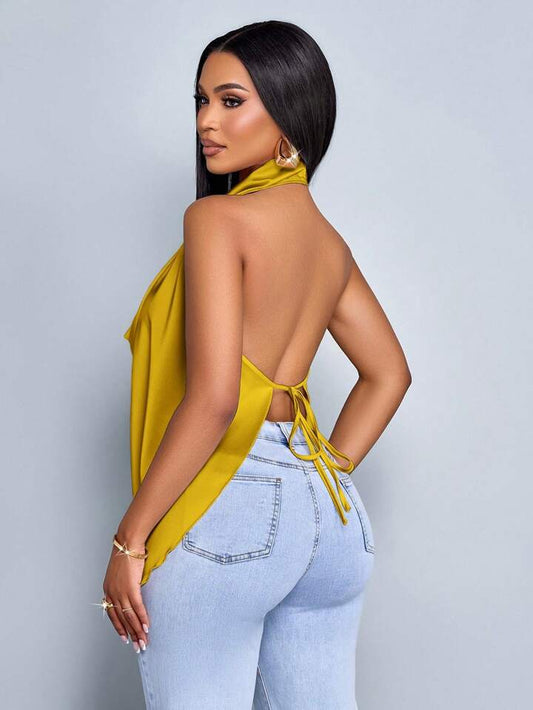 Deep v neck backless halter straps top in yellow
