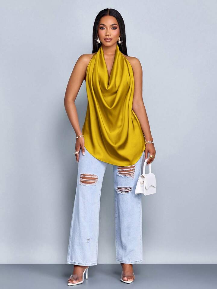 Deep v neck backless halter straps top in yellow