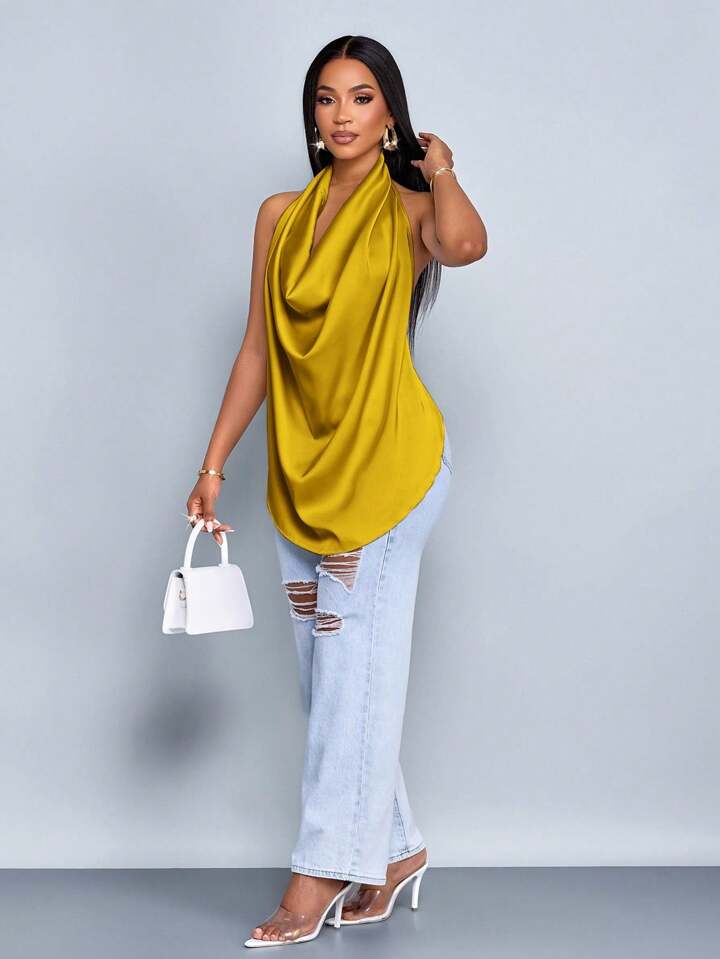 Deep v neck backless halter straps top in yellow