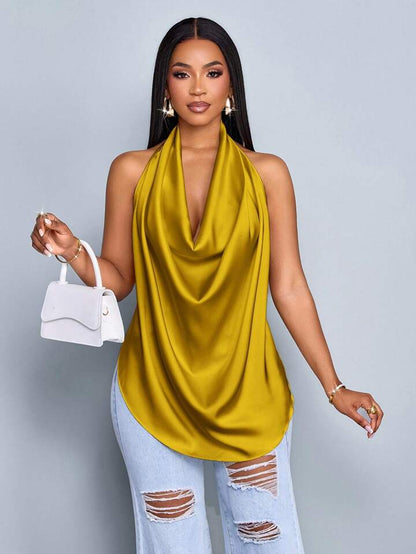 Deep v neck backless halter straps top in yellow