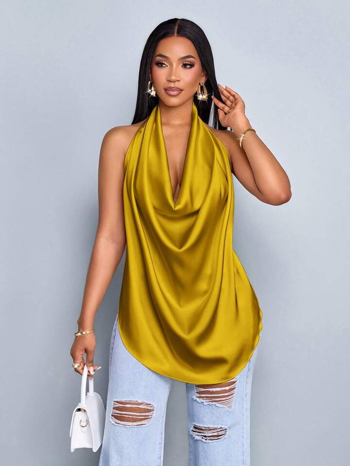 Deep v neck backless halter straps top in yellow