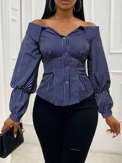 Denim look off shoulder long sleeve blouse in multi