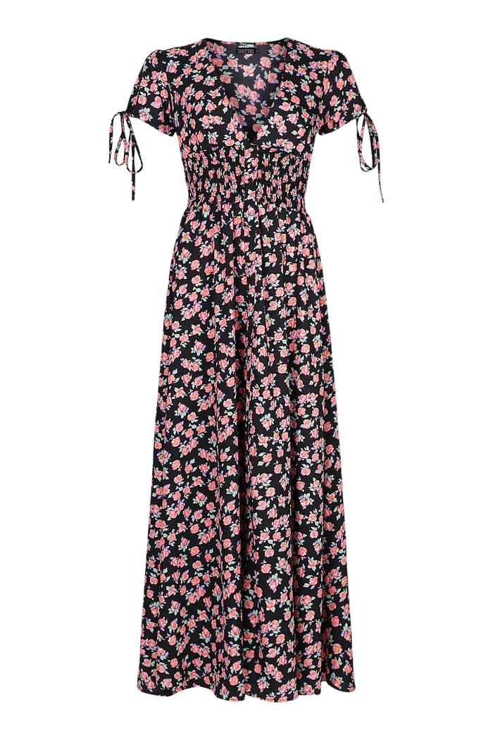 Ditsy print shirred waist maxi dress in black