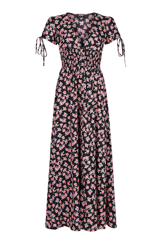 Ditsy print shirred waist maxi dress in black