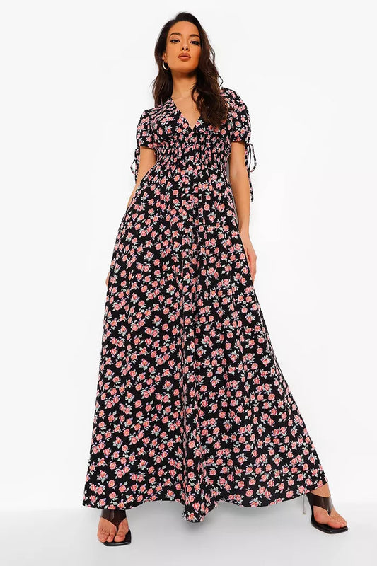 Ditsy print shirred waist maxi dress in black