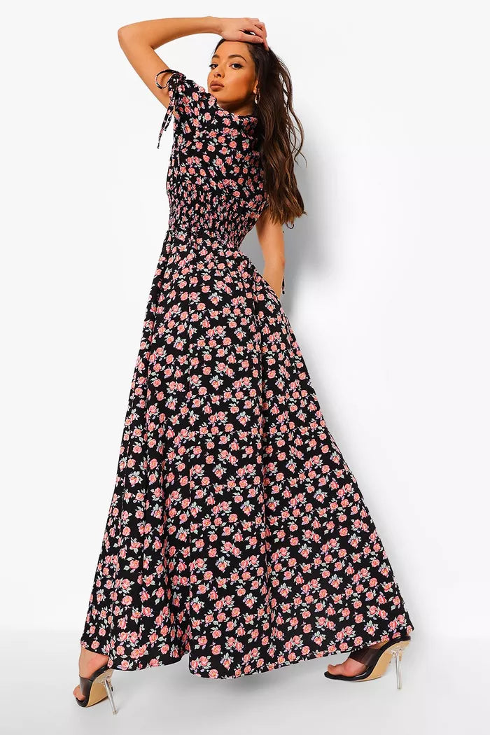 Ditsy print shirred waist maxi dress in black