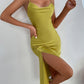 Draped backless split thigh cami dress in yellow