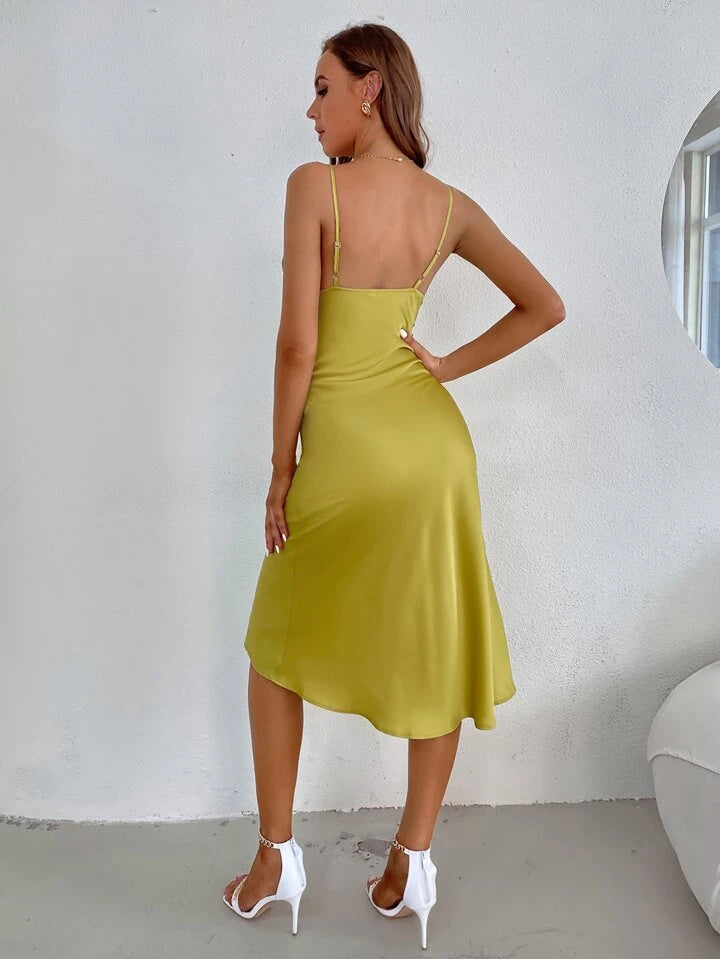 Draped backless split thigh cami dress in yellow