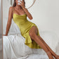 Draped backless split thigh cami dress in yellow